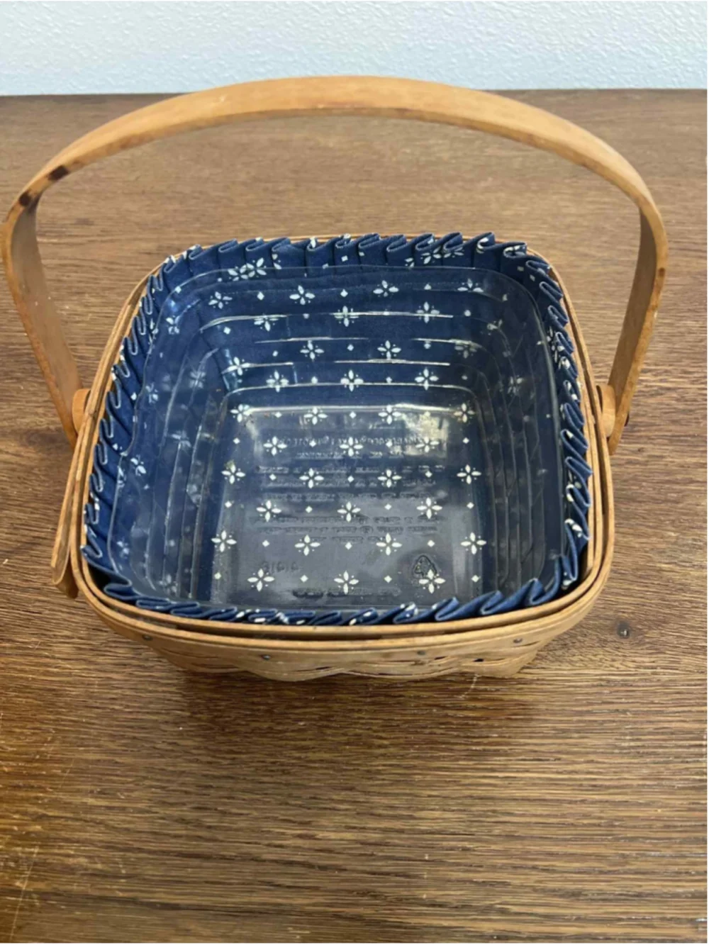 Vintage Longaberger Basket 1990 Signed JH Blue Fabric Liner & Plastic Protector